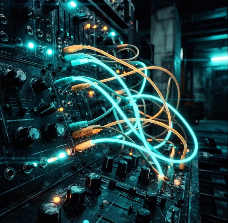 Extreme close-up of industrial synthesizer hardware, glowing modular cables, dark urban concrete under harsh neon cyan lighting, anamorphic lens, cinematic photography