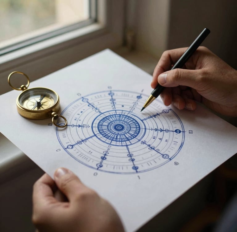 Close-up photograph of hands holding a hand-drawn kundli chart on textured paper, warm side-lighting from a window, brass compass resting nearby, shallow depth of field, 35mm