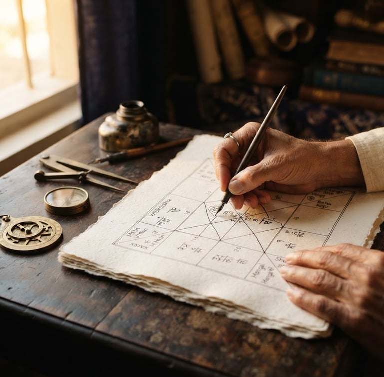 A warm, side-lit close-up of hands drawing a Vedic kundli chart on thick paper, brass astronomical instruments resting on a dark wood desk, shallow depth of field, 35mm
