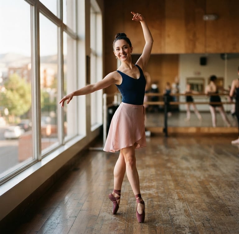 A warm environmental portrait of Anna Kay in a sunlit Boise dance studio, soft natural window light, elegant posture, smiling warmly, shallow depth of field