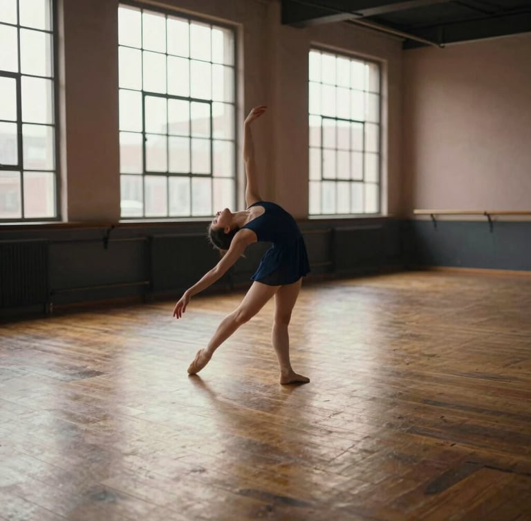 A warm, sunlit dance studio with polished wood floors, large industrial windows casting soft natural side-light, and a single dancer stretching gracefully.