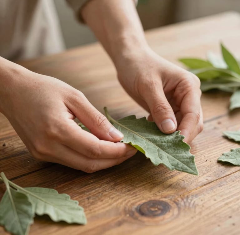 Hands gently sorting fresh green botanical leaves on a rustic wooden table, soft morning daylight, earthy tones, shallow depth of field, warm atmosphere