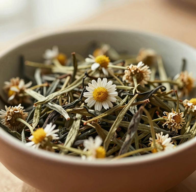 Close-up macro of loose herbal tea leaves and dried chamomile flowers in a handcrafted ceramic bowl, soft morning window light, warm shadows, earthy tones