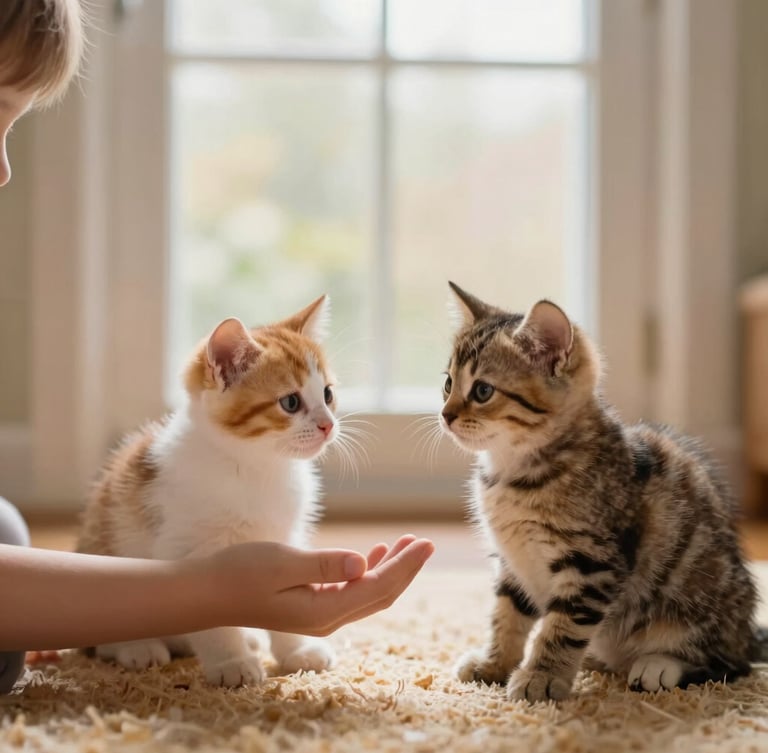 Two healthy, playful kittens interacting gently with a child's hand on a warm rug, soft diffused window light, home environment, rich parchment tones.