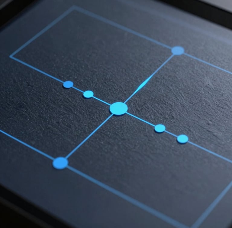 Macro shot of a structured technical system diagram on a screen, cool slate tones with sharp electric blue accent lights, sharp focus