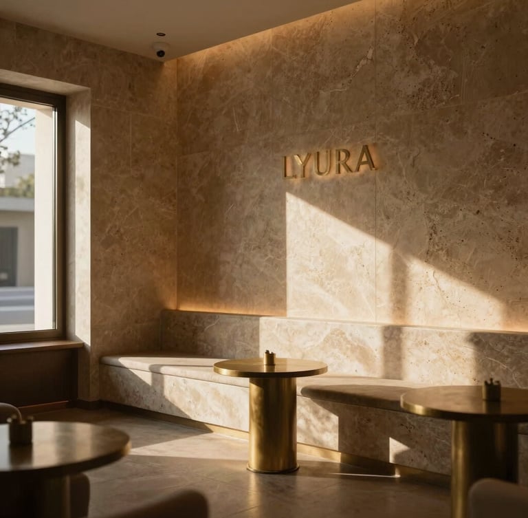 Architectural shot of the empty, sun-dappled LYURA lounge interior, rich travertine stone walls, deep brass accents, warm indirect glows, 35mm.