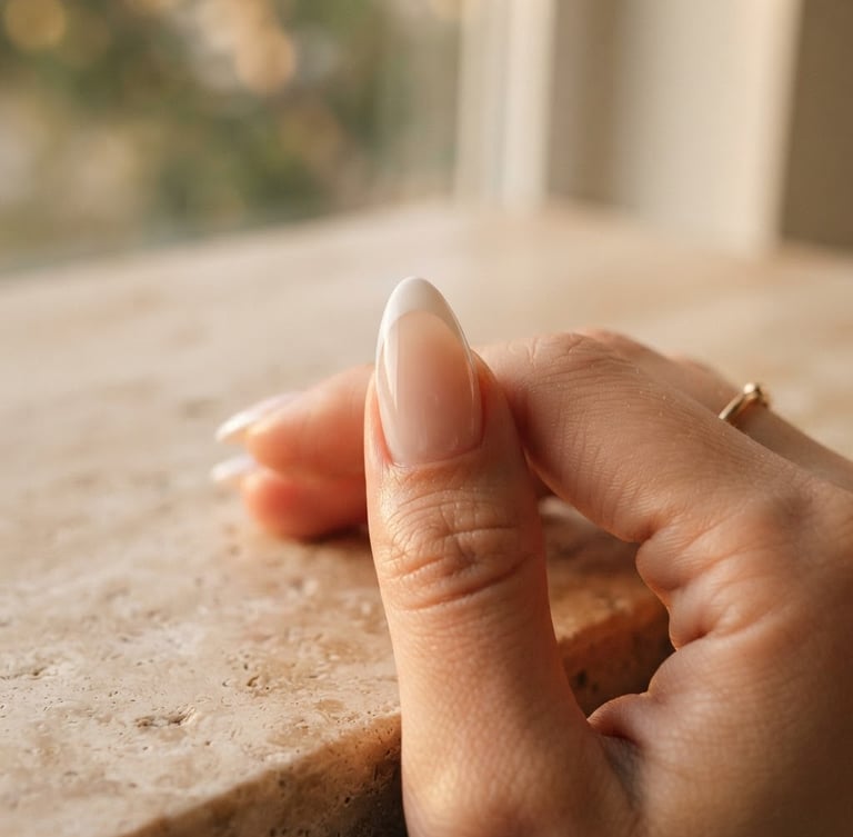Macro editorial photograph of sculpted nail architecture, soft golden-hour window light, rich travertine background, shallow depth of field, 35mm