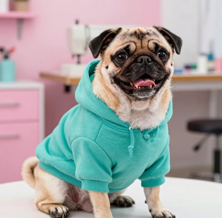 Bright cheerful pet photography, eye-level shot of a happy pug wearing a custom-tailored teal hoodie, soft natural daylight, sewing workshop background in Celaya