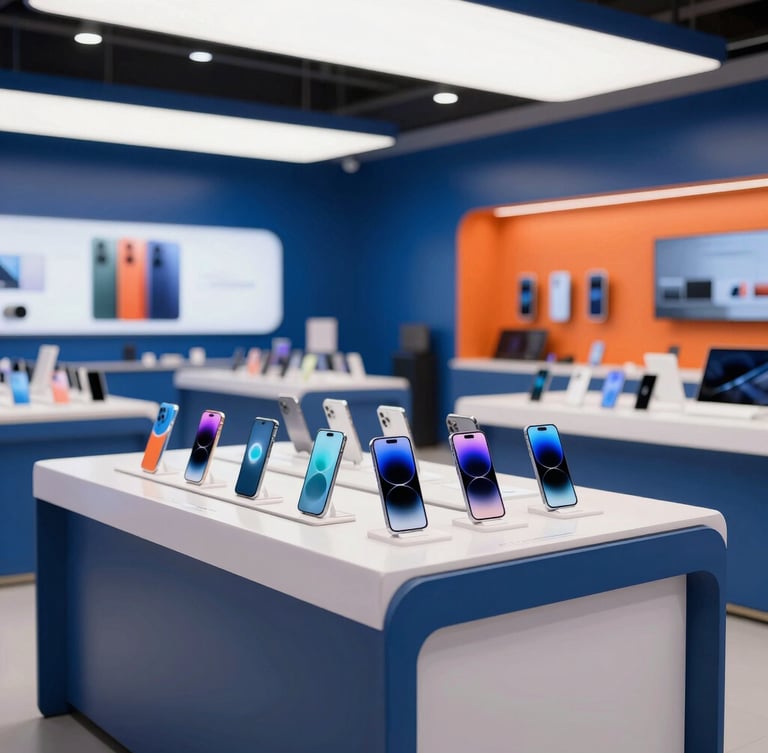 A clean, modern Indian tech retail counter with organized smartphone displays, bright commercial studio lighting, deep blue accents, 35mm