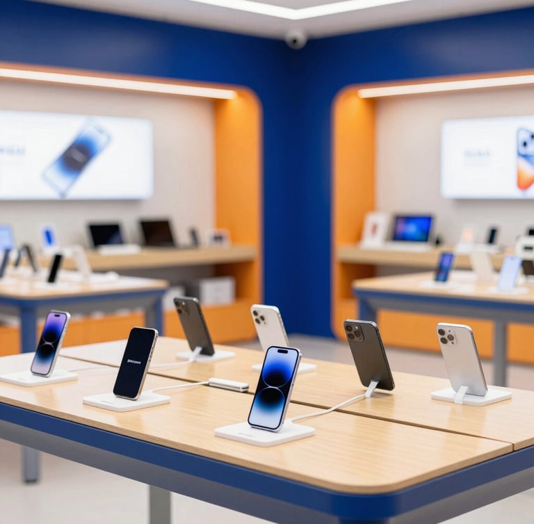 Bright commercial photography of a modern retail store interior, sleek mobile devices on display counters with deep blue and electric orange accents, 35mm
