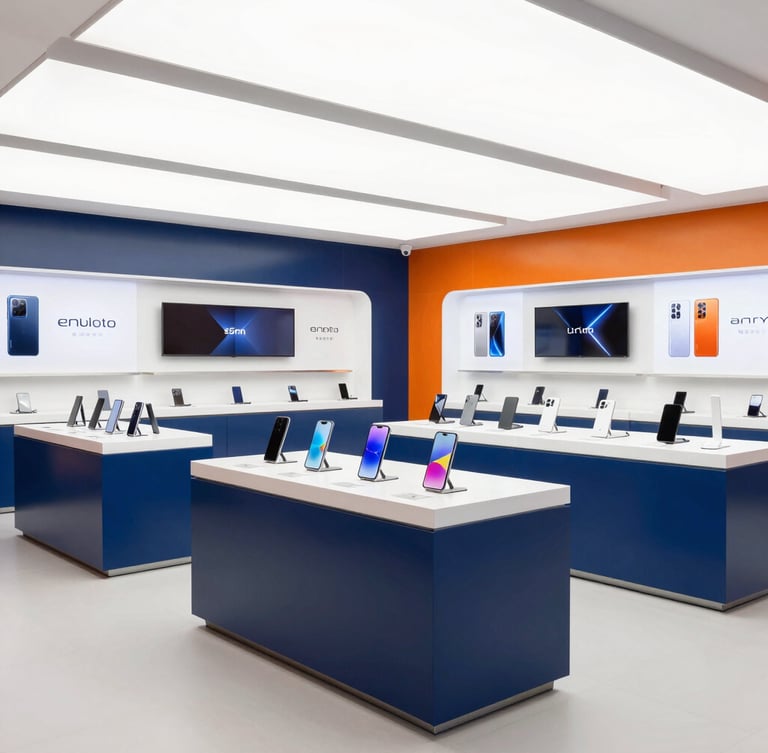 Bright commercial photography of a modern, clean mobile store interior in India with sleek display counters under crisp high-key lighting, 35mm