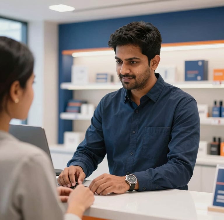 Medium close-up of a professional Indian entrepreneur in a clean, branded retail environment assisting a customer at a sleek counter, bright commercial photography, 35mm