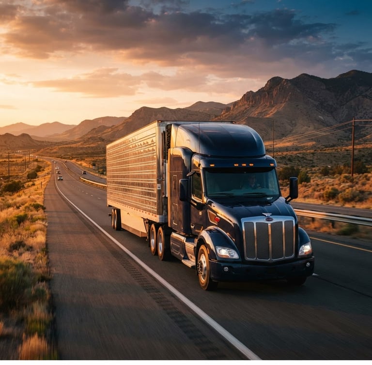 Cinematic logistics photography of a modern clean American semi-truck driving on an open highway during golden hour, warm orange light reflecting on the cabin, sharp focus, 35mm
