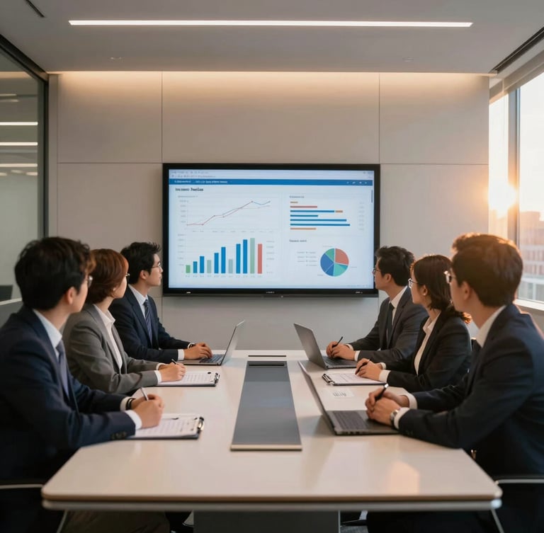 A professional corporate conference room in Chicago, a team of business analysts reviewing logistics metrics on a screen, clean modern office, warm lighting, 35mm.