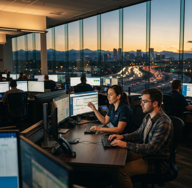 A modern glass-walled corporate operations center in Denver, professional dispatchers and analysts working at dual monitors under soft architectural lighting, sharp focus, 35mm.