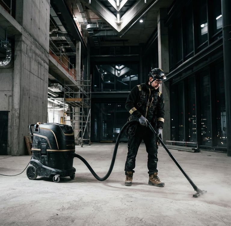 Industrial post-construction cleaning site, high-contrast architectural lighting, dust extraction machinery, gold and black tones, professional gear, 35mm
