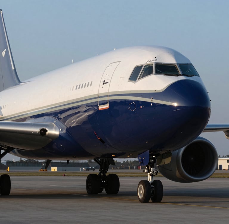 Industrial editorial photography of a cargo aircraft nose on the tarmac under early morning light, cool steel and deep navy tones, sharp focus, 35mm