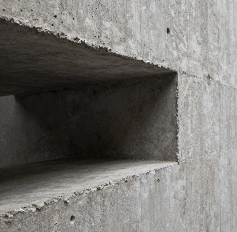 Macro crop of architectural raw concrete texture, hard studio key light, deep shadows, brutalist form.