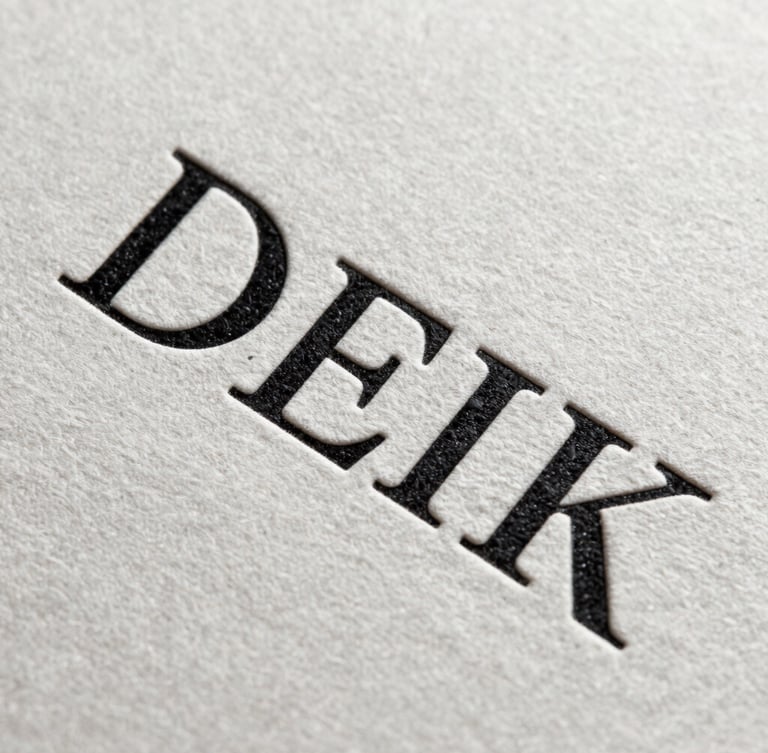 Macro crop of physical brand collateral, extreme contrast, sharp focus on razor-sharp serif typography debossed on heavy textured cotton paper.