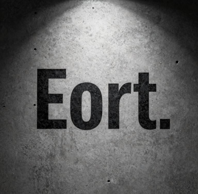 Extreme macro crop of stark black typography printed on heavy textured concrete, hard studio key light, deep shadows, off-center composition.