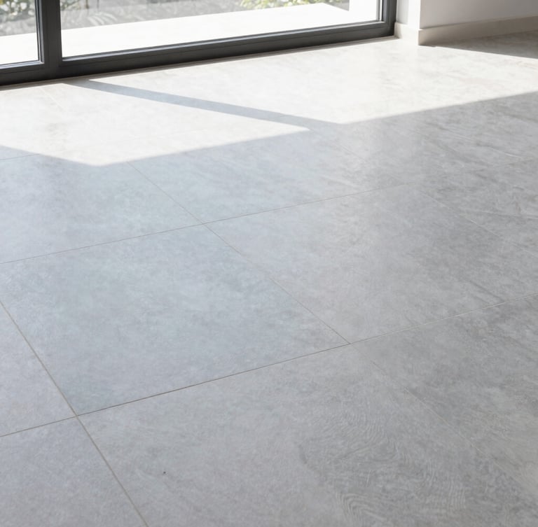 Low-angle architectural shot of a modern living room floor with large format light gray porcelain tiles, bright natural daylight streaming through a window, clean slate blue tones, sharp focus, 35mm