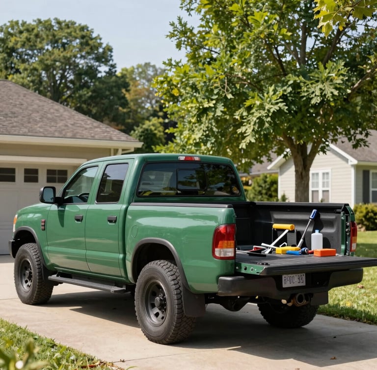 A clean forest green work truck parked in a suburban driveway under bright morning light, neatly organized tools in the truck bed, crisp documentary style