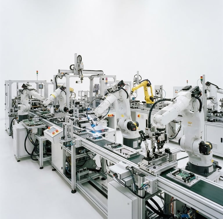 Wide shot of a modern, high-tech industrial assembly line with robotic arms, bright studio lighting, clean white backdrop, sharp focus, 85mm lens