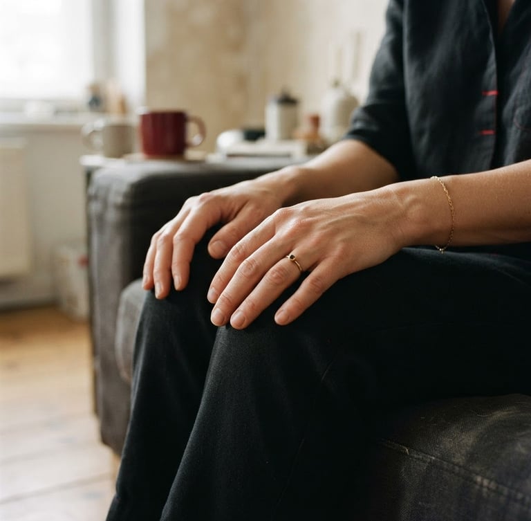 Close-up of hands resting on knees in a quiet urban apartment, soft shadows, minimalist editorial photography, muted tones with stark black and red accents, 35mm