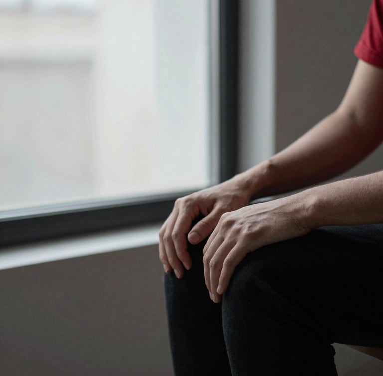 Close-up of hands resting gently on knees in a quiet urban indoor space, soft diffused window light, minimalist editorial photography, muted tones with stark black and red accents, 35mm, wide shot with negative space to the left.