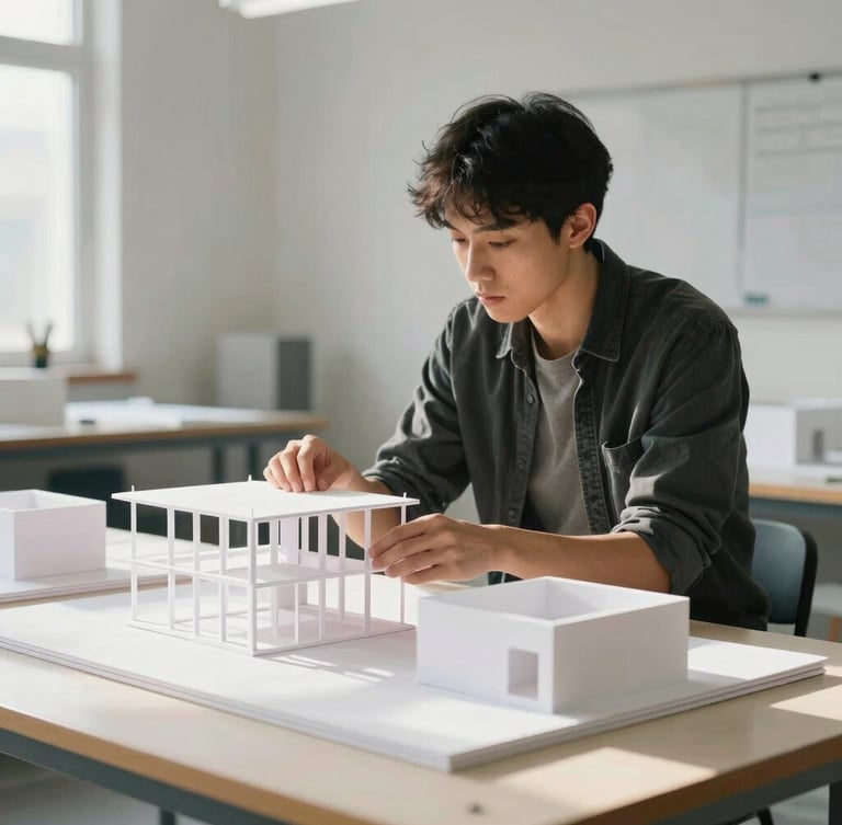 Medium shot of an architecture student analyzing physical structural models in a sunlit studio, clean lines, professional focus.
