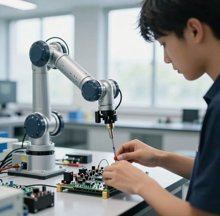 Close-up of a student working with robotic arm and circuit boards in a brightly lit modern automation lab, natural light from large windows