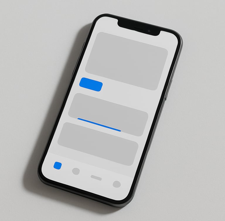 Minimalist product photography of a high-fidelity mobile interface mockup on a clean physical device, bright neutral daylight, soft shadows, sharp focus, 35mm