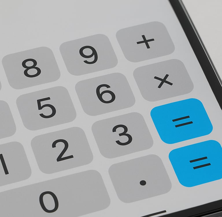 Macro close-up of a mobile screen displaying a high-fidelity tape calculator interface with bold numbers, soft natural daylight, neutral gray tones with electric blue highlights