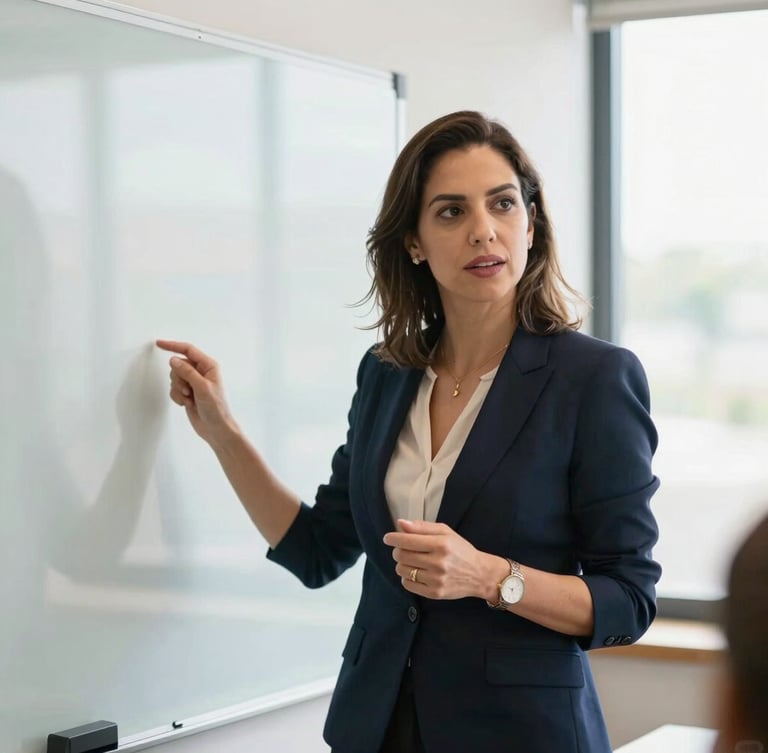 Portrait of Jennifer Gomes leading an active corporate sales workshop, gesturing confidently near a clean glass whiteboard, bright natural daylight, shallow depth of field, 35mm