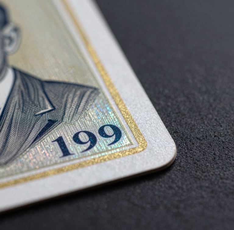 Extreme macro close-up of a pristine 1999 holographic card corner, sharp rim lighting catching the paper texture and foil edge, deep dark slate background.