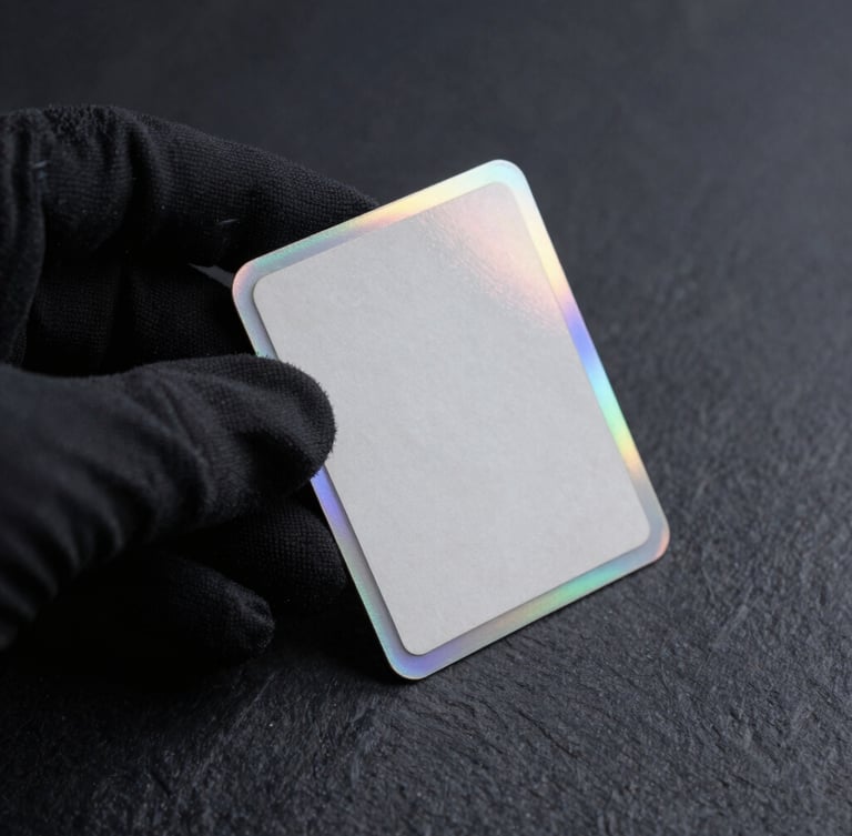 Macro shot of a pristine vintage holographic card corner held in a black microfiber-gloved hand under cold-toned studio rim lighting, dark slate background.