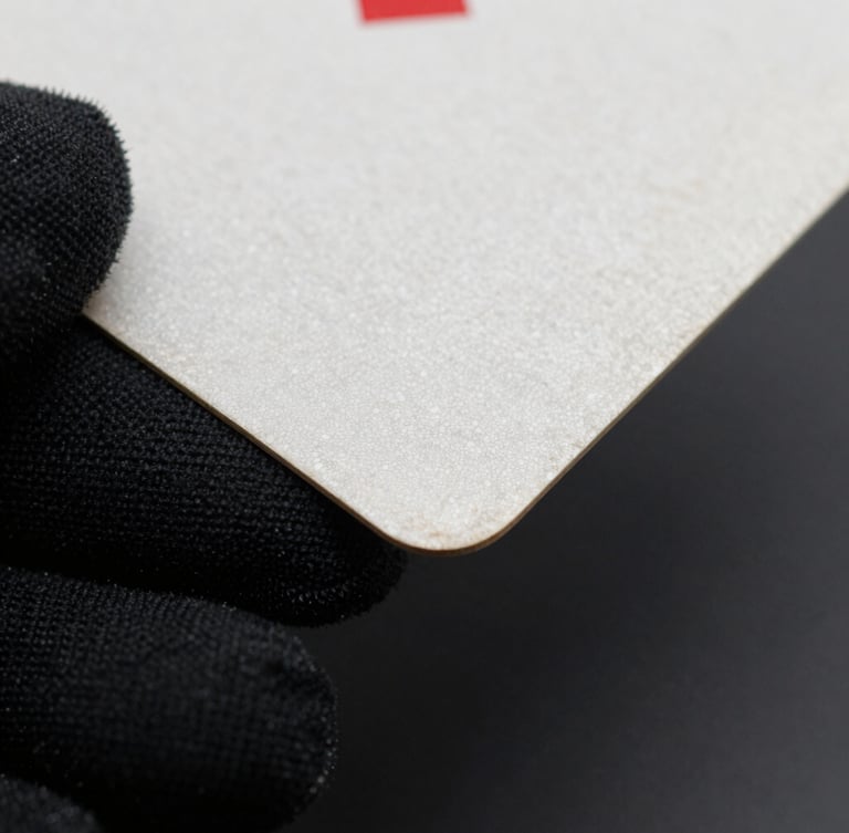 Macro close-up of a pristine vintage card corner held by a hand in a black microfiber glove, sharp cool-toned rim light highlighting the card edge.