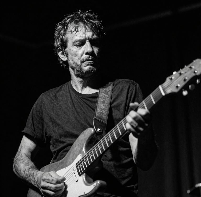 Candid black and white portrait of a weathered male musician with a guitar, low-key dramatic stage lighting, deep shadows, 35mm film grain