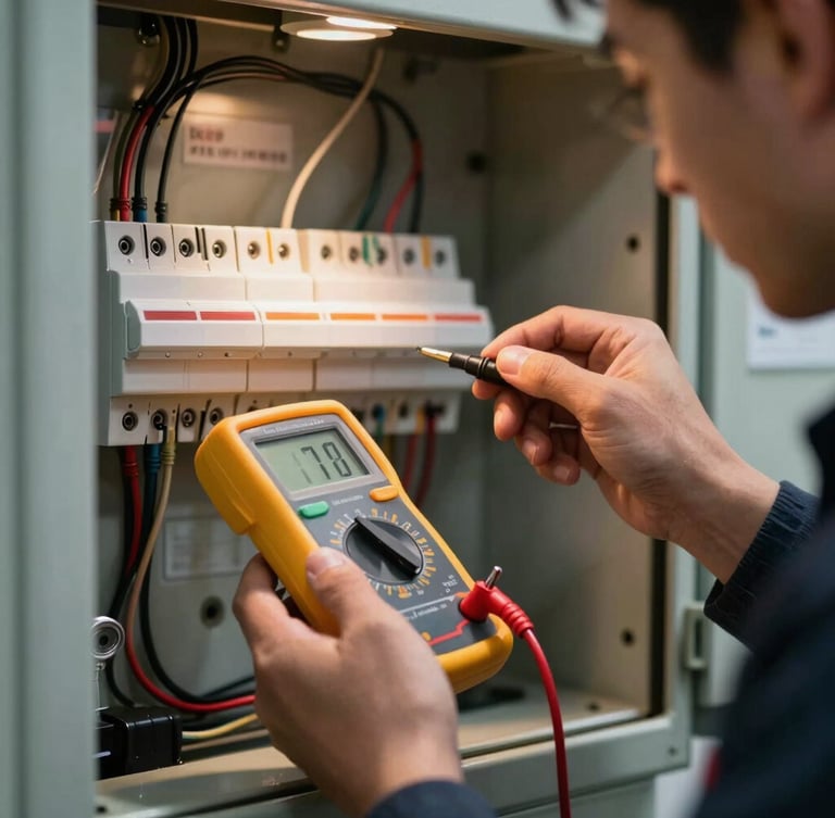 Close-up of a professional electrician's hands working on a modern electrical panel, testing circuits with a digital multimeter, focused warm spotlighting, high contrast.