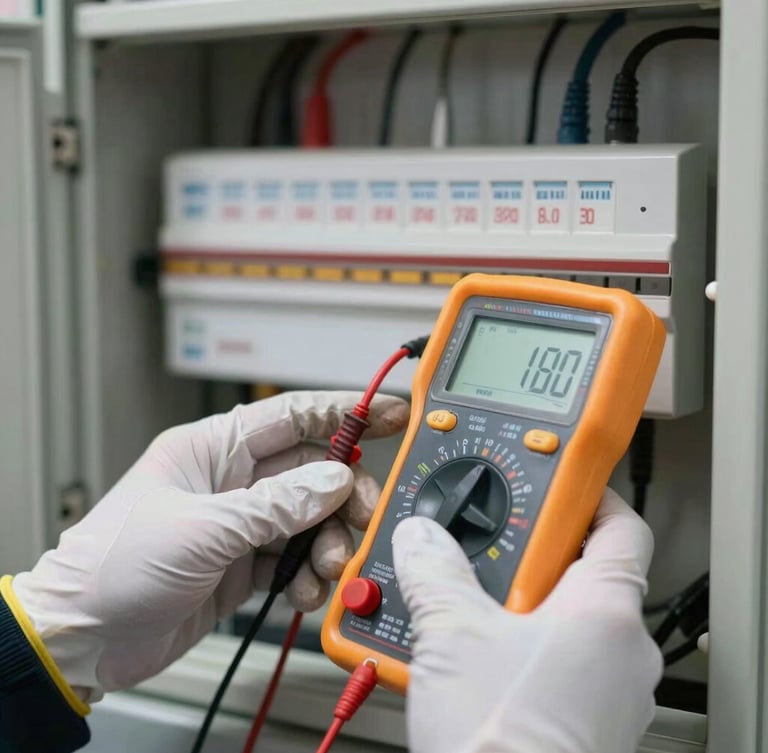 Close-up of hands with protective gloves testing an electrical panel with a digital multimeter, sharp lighting, focus on the screen showing voltage