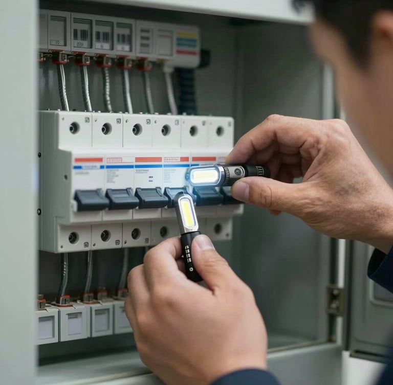 Close-up of professional electrician hands installing a modern, clean electrical panel with labeled circuit breakers, focused bright led light, technical style.