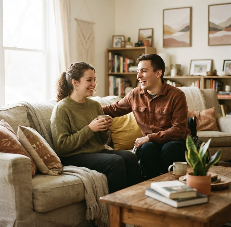 Warm lifestyle photo of two young adults with disabilities smiling and sharing a comfortable living room, soft natural daylight, muted earth tones, authentic candid moment, 35mm lens, shallow depth of field.