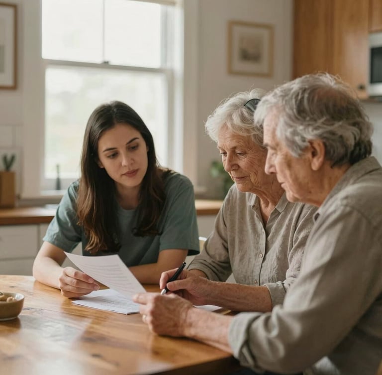 A warm, candid photograph of two care coordinators sitting at a wooden kitchen table with an elderly guardian, reviewing paperwork under soft, natural window light.