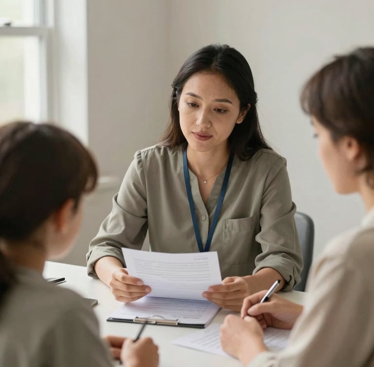 Portrait shot of a care coordinator sitting at a table with a family, reviewing paperwork together, soft natural daylight, muted earth tones, authentic candid moment, shallow depth of field
