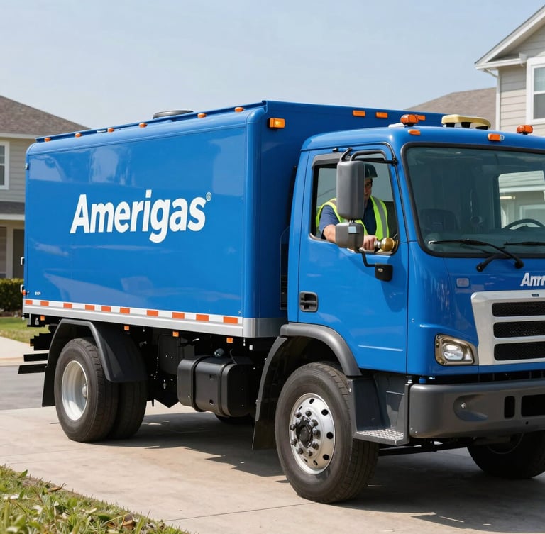 A clean blue Amerigas propane delivery truck parked on a residential driveway on a bright sunny day, professional driver in high-visibility safety vest holding a brass nozzle connection.