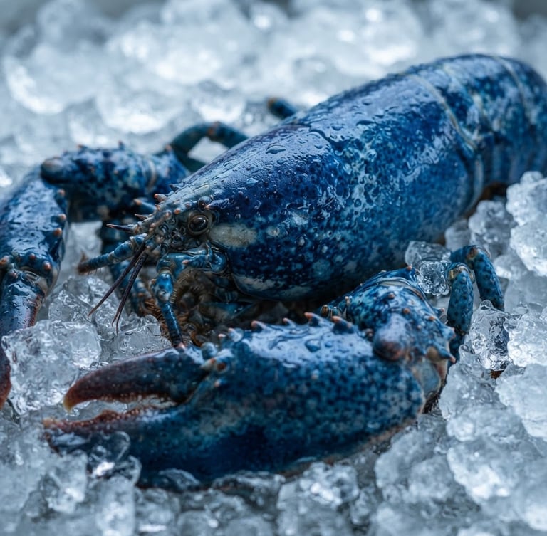 Macro close-up of a vibrant blue lobster shell, glistening with moisture on crushed ice, cool high-contrast natural light, deep blues and icy silver tones.