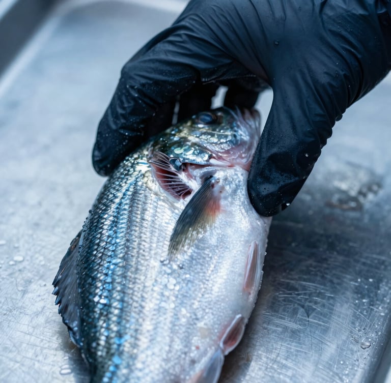 Close-up of a gloved hand inspecting the gills of a freshly caught fish on a stainless steel surface, cool high-contrast light, focus on detail and texture, deep blues and icy silver tones.