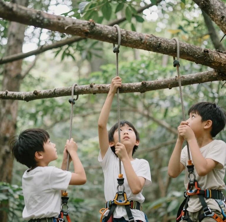Soft editorial photography, filtered forest daylight, children looking up at the high canopy with wonder, hands securing climbing ropes around thick branches, shallow depth of field, 35mm