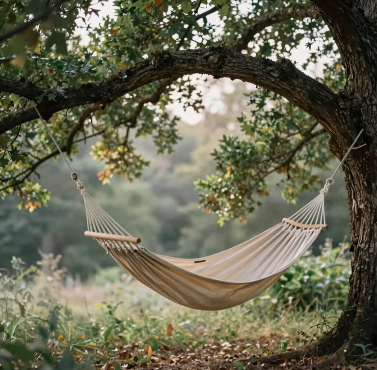 Soft editorial photography of a canvas hammock suspended high in a massive green oak tree, filtered golden forest light, shallow depth of field, 35mm