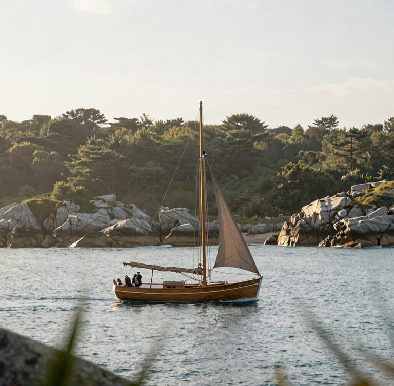Soft editorial photography of a classic wooden sailboat gliding on calm blue Atlantic waters near the rocky Breton coast, soft overcast daylight, poetic atmospheric framing